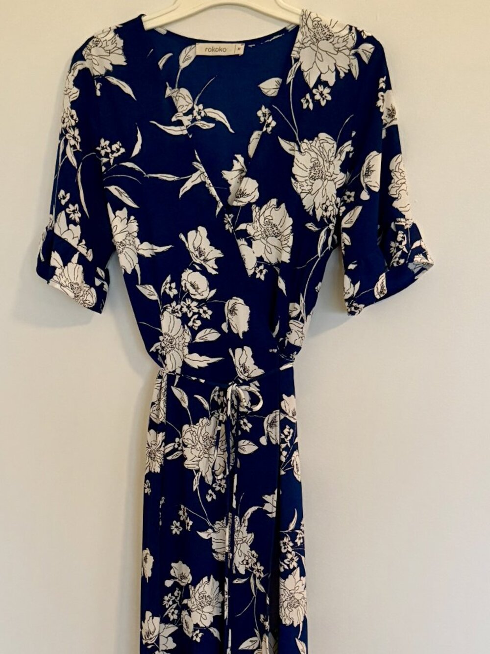Rokoko Navy White Floral Tie Waist Maxi Dress Medium